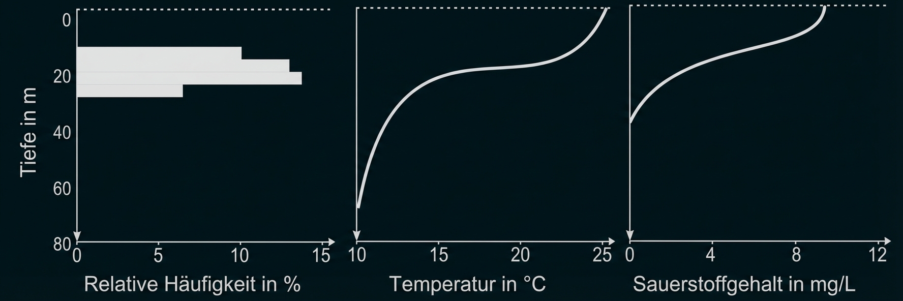 Drei Diagramme nebeneinander: relative Häufigkeit, Temperaturprofil und Sauerstoffgehalt in Abhängigkeit von der Tiefe (m).